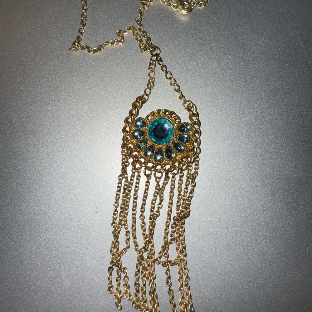 Gold and Blue Cascading Necklace with Intricate Detailing